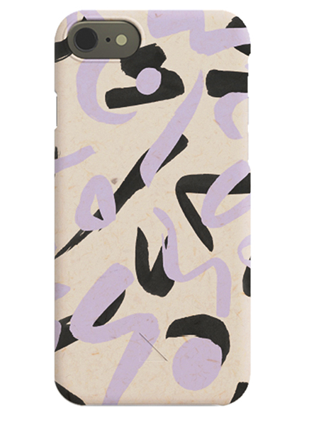  – Trendy iPhone-deksel med tykke svarte og lilla former mot en beige bakgrunn