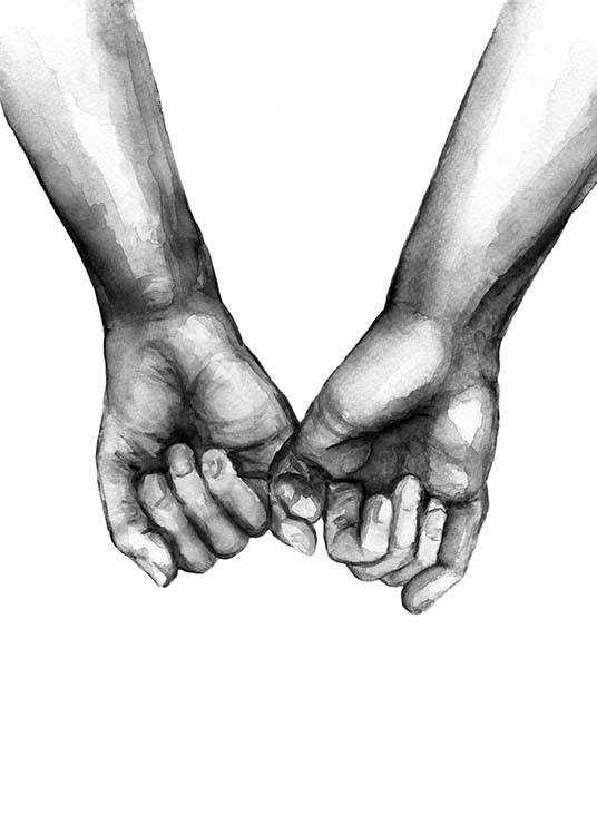  – Akvarellillustrasjon med to hender som holder lillefingre, malt i svarthvitt