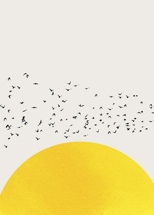  – Grafisk illustrasjon av en gul halvsirkel og en flokk med fugler mot en beige bakgrunn