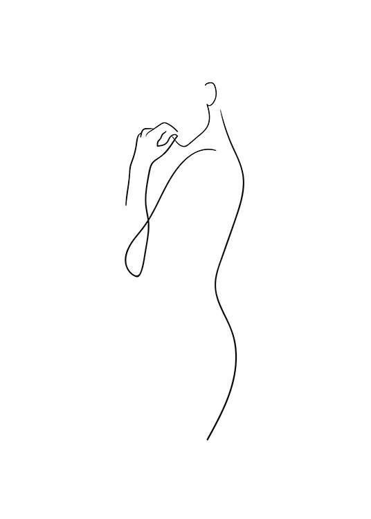  – Line art-tegning av en kvinnekropp i svart mot en hvit bakgrunn