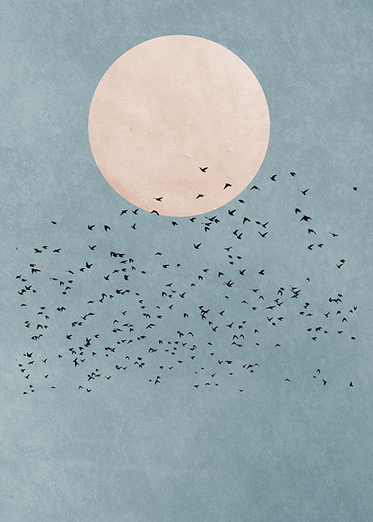  – Grafisk illustrasjon av en rosa måne og blå himmel bak en flott av svarte fugler