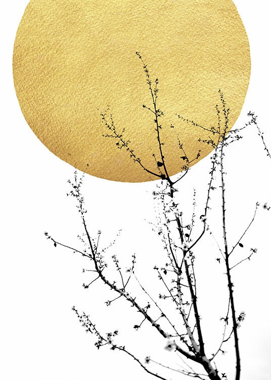– Abstrakt plakat med en gyllen sol, med en svart busk.