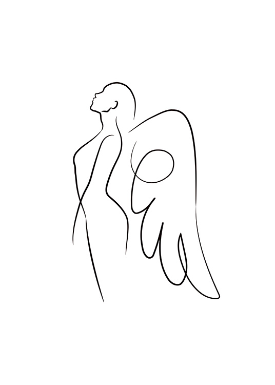 – Linjekunstplakat av en engel vendt mot siden på en hvit bakgrunn