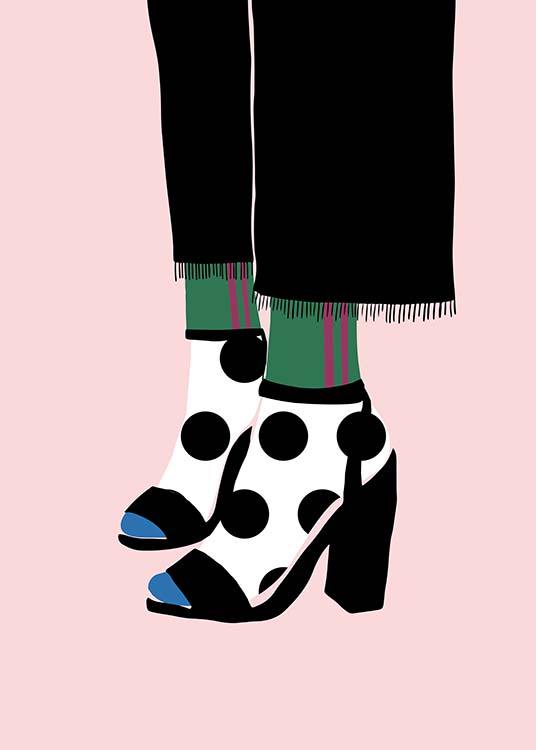 – Grafisk plakat av polka dot-sokker i hæler på en rosa bakgrunn.