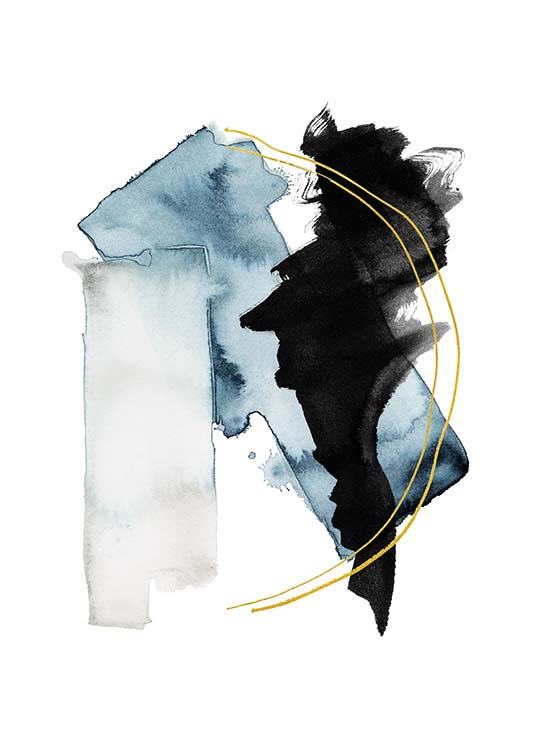  – Akvarellillustrasjon med abstrakte former i svart og blått med to gylne linjer