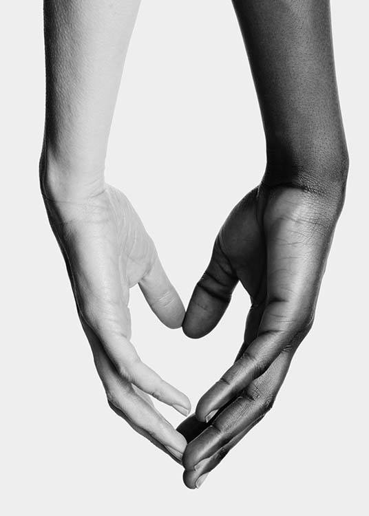 – Svart og hvit plakat av hender som rører hverandre.