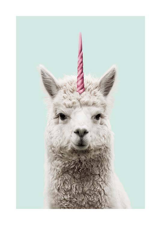 – Plakat av lama med horn på en fargerik bakgrunn.