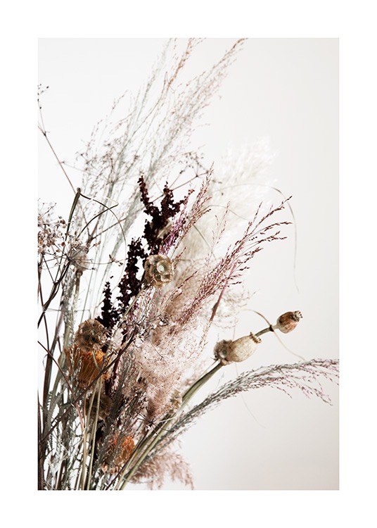  – Fotografi av tørkede blomster og gress i en bukett mot en lysegrå bakgrunn