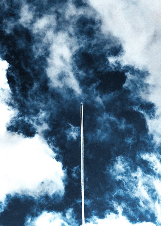 –Plakat av et fly som flyr opp i himmelen.