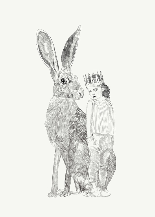 –Tegning av en jente og en kanin ved siden av hverandre.