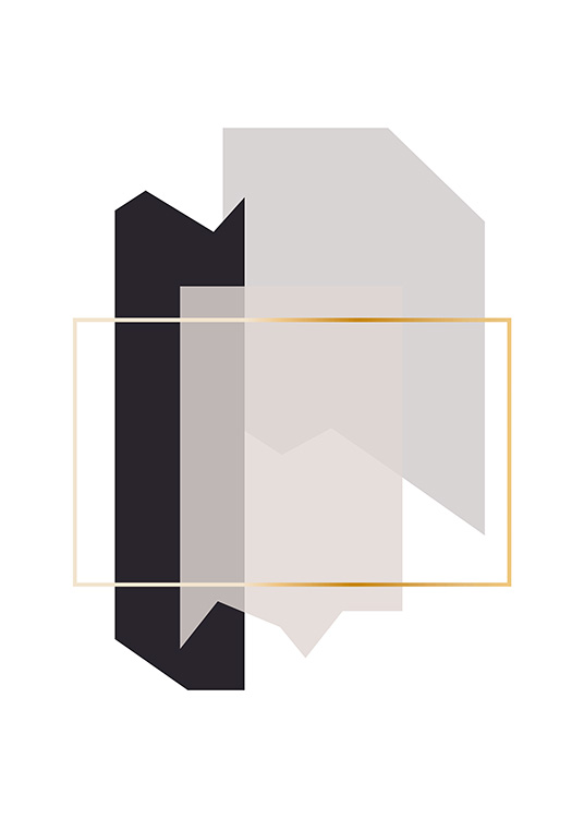  – Grafisk illustrasjon med former i grått som ser ut som fragmenter, med en gyllen kant i midten