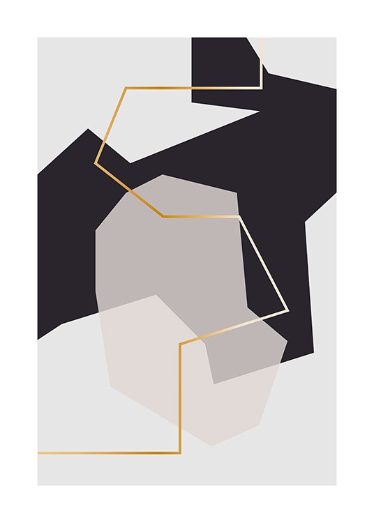  – Grafisk illustrasjon av abstrakte former i grått og svart, med en gyllen linje i midten