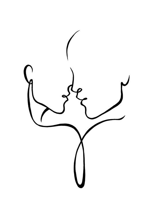  – Svarthvit line art-illustrasjon av et par ansikter som nesten kysser