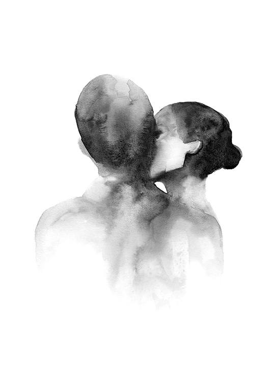  – Svarthvit akvarell av en kvinne som kysser en mann på kinnet