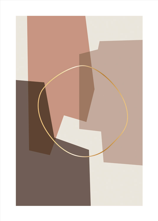  – Grafisk illustrasjon av en gyllen sirkel over abstrakte former i beige og rosa