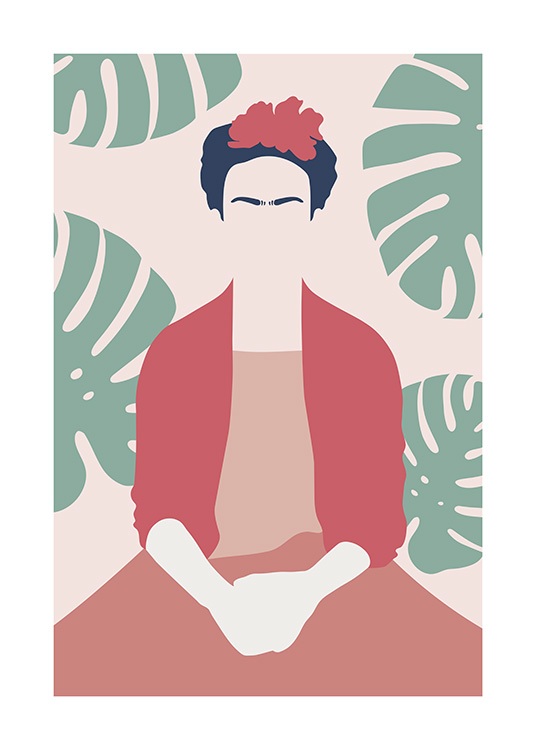Illustrert grafisk poster av Frida Kahlo i røde klær, som sitter foran vindusblad