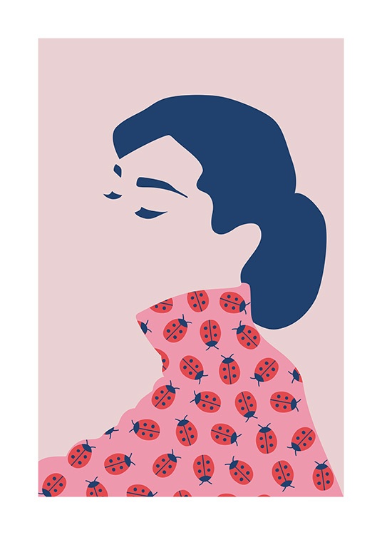 Grafisk illustrasjon av Audrey Hepburn med lukkede øyne, iført en rosa topp med marihøner