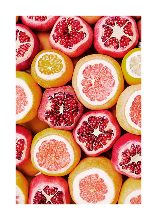 Fotografi med fargerike appelsiner, grapefrukter og granatepler