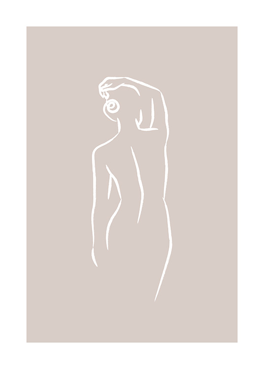 Illustrasjon i form av hvit strekkunst, som viser en kvinne sett bakfra, mot beige bakgrunn