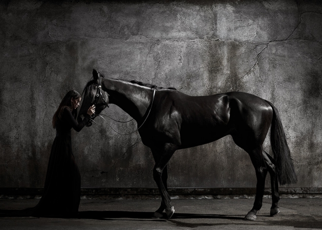  - Foto av en svartkledd kvinne og en svart hest som står med hodene sammen.