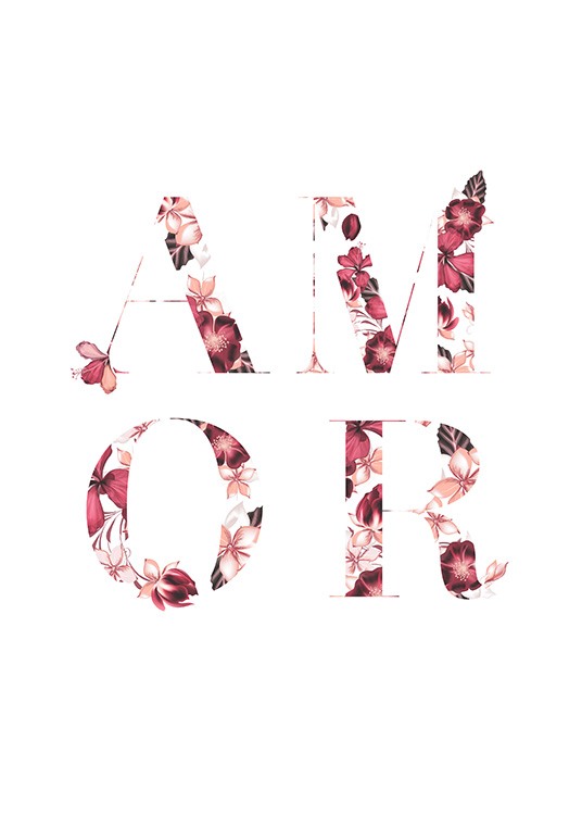  - Tekstplakat med ordet «AMOR» skrevet med blomsterbokstaver mot hvit bakgrunn