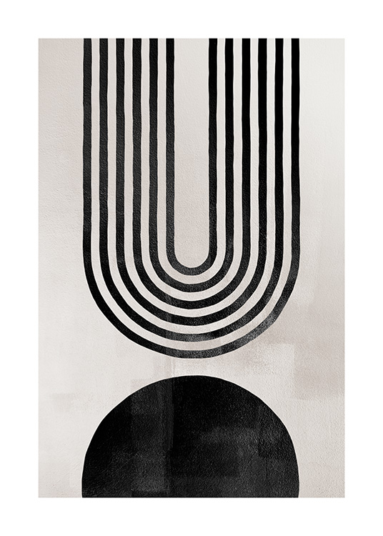  – Abstrakt bue i svart laget av streker med en svart figur under og beige bakgrunn