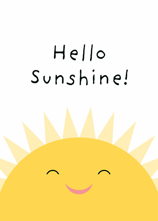  - Grafisk illustrasjon av Hello Sunshine skrevet over en smilende sol