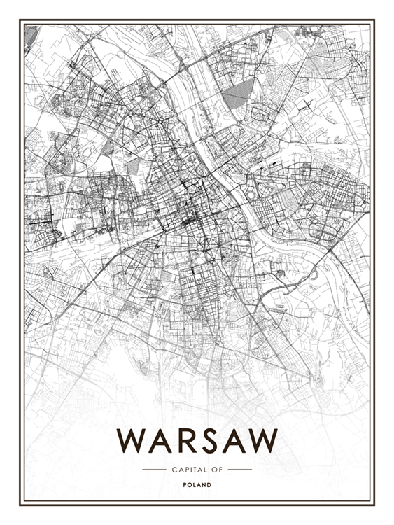  - Svart-hvitt kart med koordinatene til Warszawa og Poland skrevet nederst