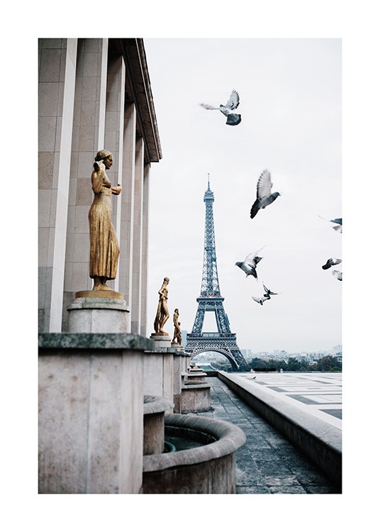  - Fotografi fra Paris, med Eiffeltårnet bak flygende duer og gylne statuer