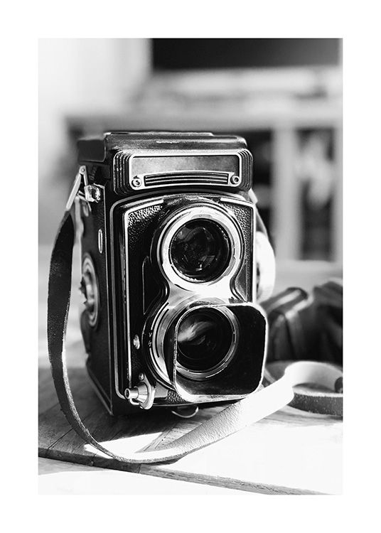  - Svarthvitt-fotografi av et gammelt retro-kamera