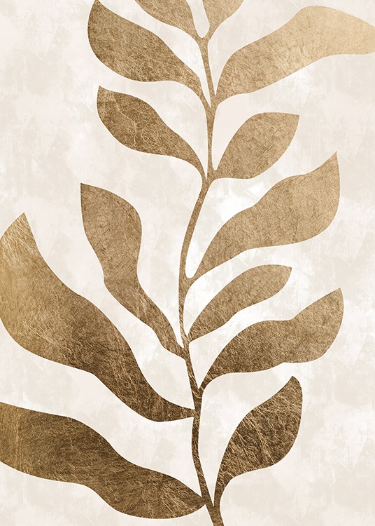  - Nærbilde av et gyllent blad mot beige bakgrunn med fargestruktur