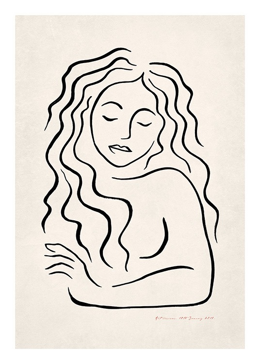  - Illustrert motiv av en håndmalt kvinne med langt, krøllete hår, tegnet i svart mot beige bakgrunn