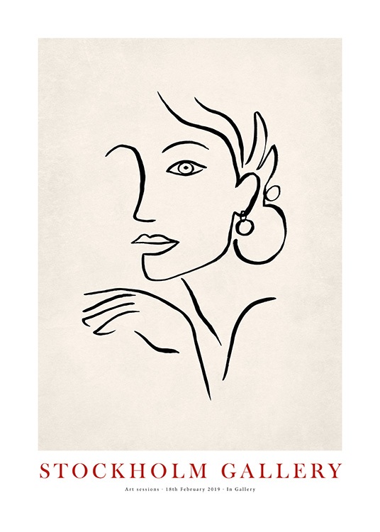  - Illustrasjon av et kvinneansikt, med håndmalte, svarte linjer mot beige bakgrunn