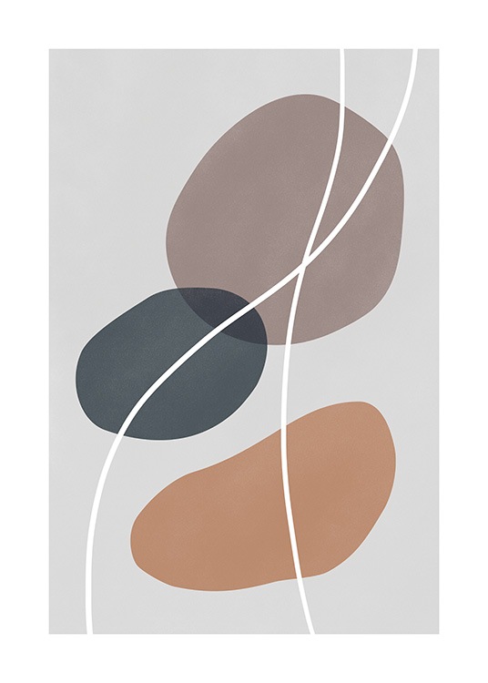  - Grafisk illustrasjon i jordferger, med blå, beige og brune sirkler og hvite linjer mot grå bakgrunn