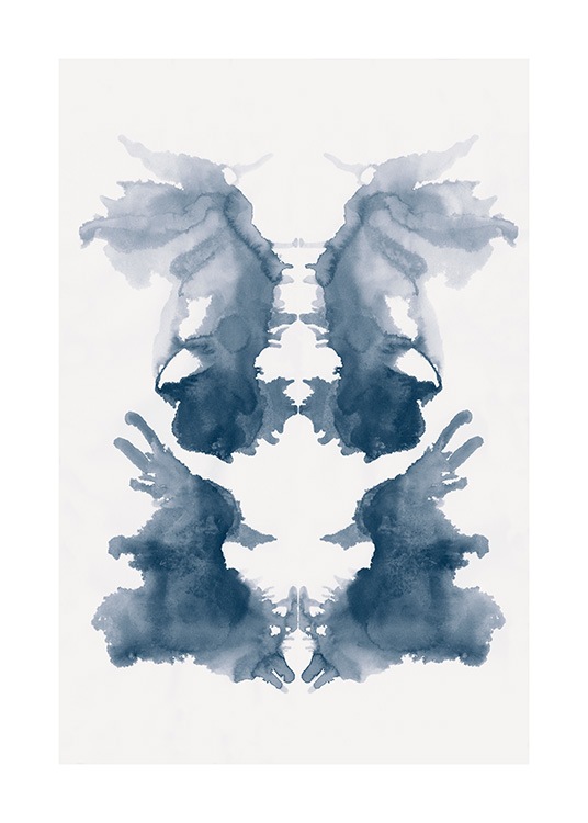  - Rorschach-symbol malt som blå akvarell mot lys beige bakgrunn