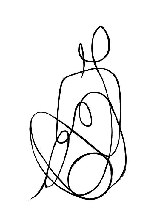 - Illustrasjon med strekkunst av en kvinne som sitter, tegnet i svart og hvitt