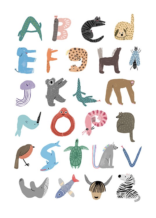 – Plakat med dyr som viser alfabetet på en pedagogisk måte