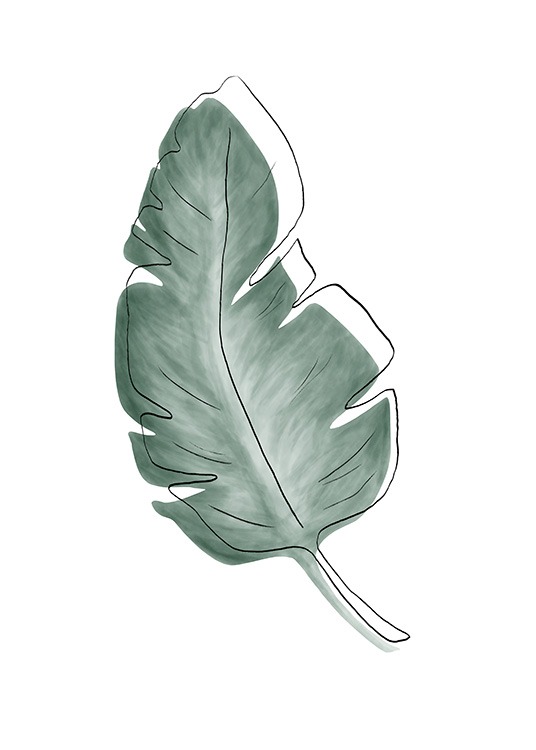  – Akvarell av et grønt blad under en svart skisse med konturene av et blad