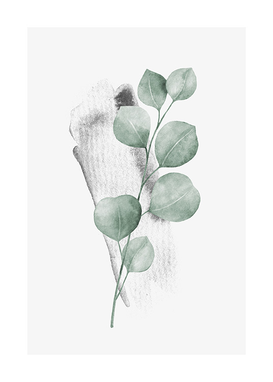  – Akvarell av en lite eukalyptusgrein med grønne blader mot en lys grå bakgrunn