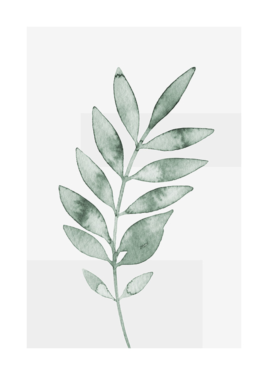 – Akvarell med et lite grønt blad mot en lys grå bakgrunn