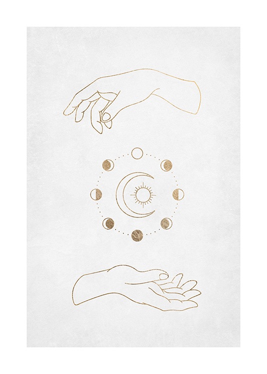  – Grafisk illustrasjon av et par hender med gylne sirkler, med en måne og en sol mellom seg
