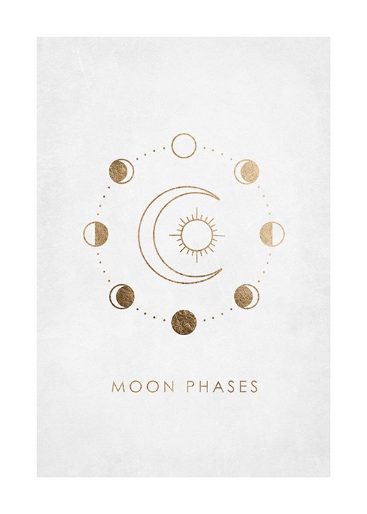  – Grafisk illustrasjon av en gyllen måne og sol omgitt av små, gylne sirkler