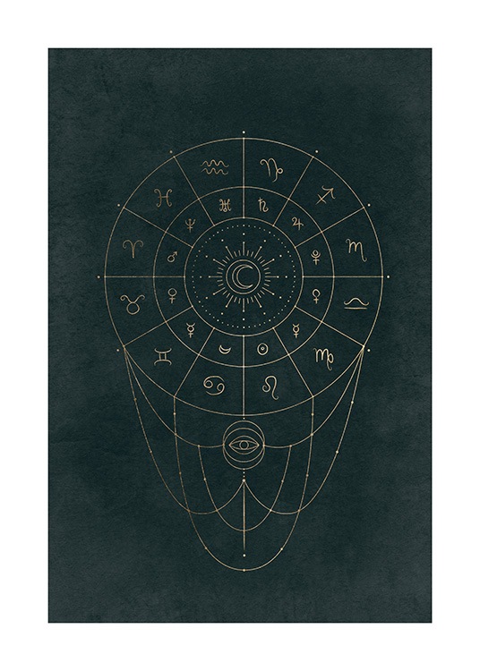  – Grafisk illustrasjon med en gyllen sirkel og astronomiske tegn