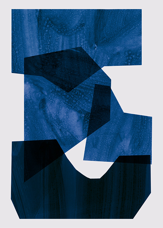  – Abstrakt illustrasjon med grafiske former i mørkeblått og lyseblått mot en beige bakgrunn