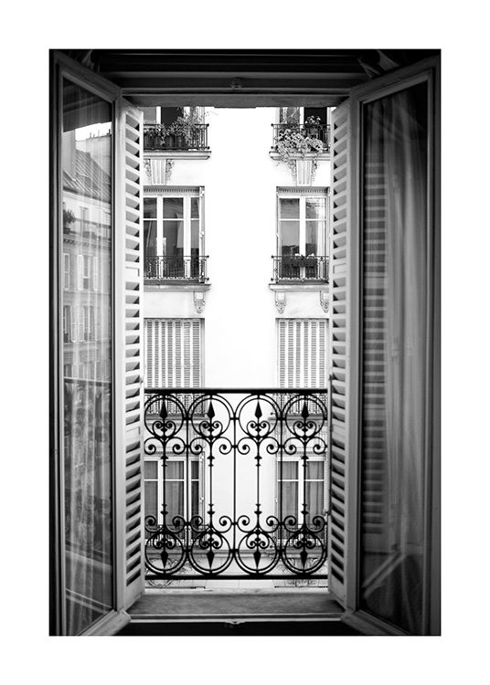  – Svarthvitt-fotografi av en fransk balkong