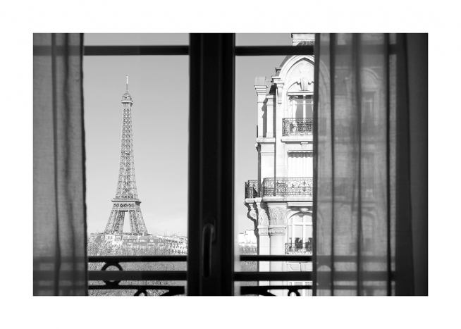  – Svarthvitt-fotografi av Eiffeltårnet og en bygning sett fra et vindu