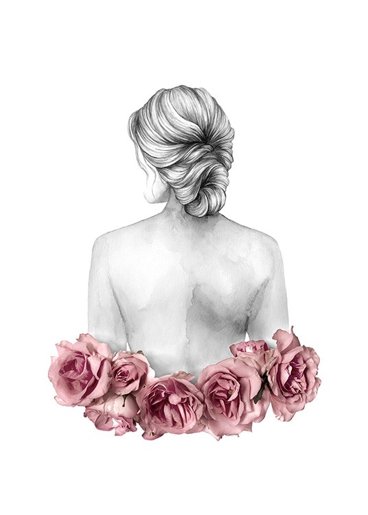  – Illustrasjon av en kvinne med roser rundt livet og håret i en lav topp