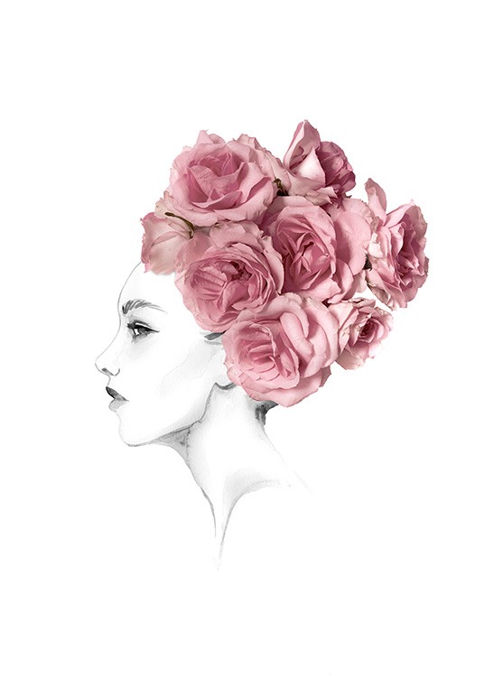 – Svarthvitt-skisse av en kvinne med rosa roser i håret som hårtopp
