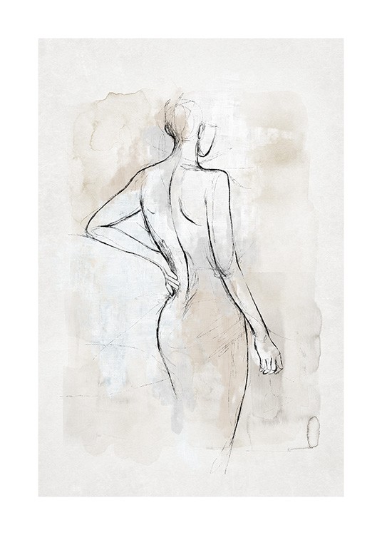 – Akvarell i grått og beige med en skisse av en naken kropp i svart