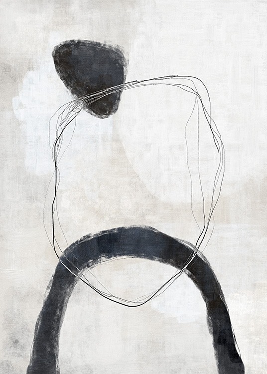  – Abstrakt akvarell med mørkegrå former og linjer mot en beige bakgrunn